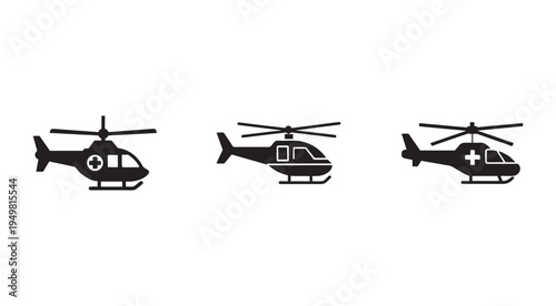 Three black helicopter silhouettes with medical cross on side  isolated on white background