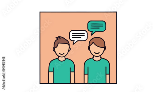 Two individuals engaging in a dynamic conversation illustrated with speech bubbles, symbolizing dialogue, social interaction, and exchanging ideas