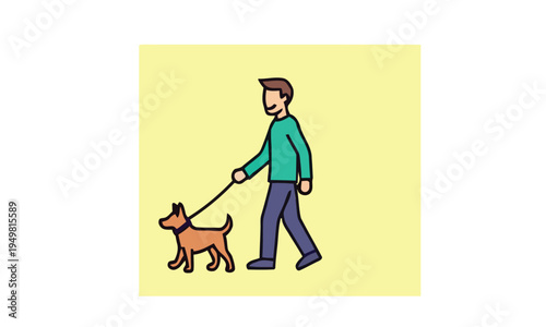 Man walking a dog on a leash with a yellow background illustration