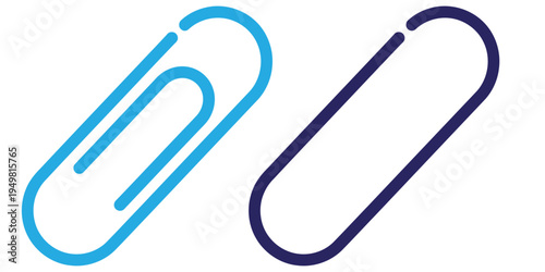 Two paper clips in blue and purple on a white background