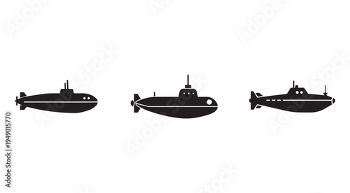 Three black silhouettes of submarines with different designs and features in side view on white background  naval vessels