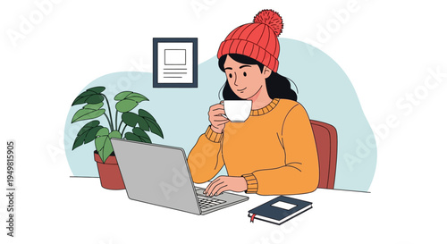 Vector illustration of a woman wearing a red beanie and yellow sweater typing on a laptop while holding a coffee cup at a desk with a potted plant, notebook, and picture frame.