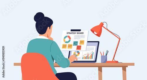 Flat vector illustration of a professional woman at a desk analyzing a strategy board and laptop screen with financial data charts, bar graphs, and reports for remote work planning.