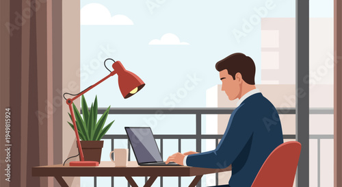 Flat vector illustration of a professional man in a blue blazer working on a laptop at a desk on an outdoor balcony, featuring a red desk lamp, potted plant, and city background.