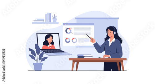 Female professional consultant wearing headset presenting data analytics charts on screen during remote video conference call with client on laptop, flat vector illustration.