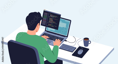Flat vector illustration of a male programmer working at a white desk with a laptop, typing code on a screen with syntax highlighting, featuring a coffee mug, mouse, and keyboard.