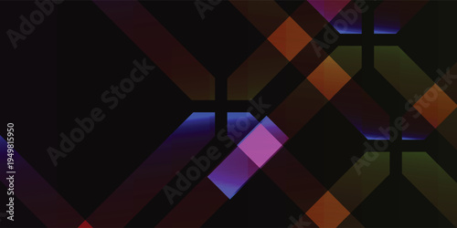 Abstract geometric pattern with colorful glowing squares and lines on a dark background.