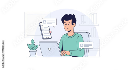 Vector illustration of a male community manager working on a laptop at a desk, featuring a floating smartphone and chat message bubbles representing digital communication and online support.