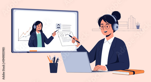 Vector illustration of a woman teacher with a headset and laptop conducting an online class, pointing at a screen showing a presentation with data charts and business graphs.