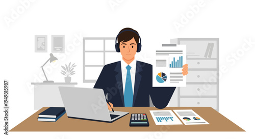 Male accountant in a suit and headset holding a financial report with charts, sitting at a desk with a laptop, calculator, and documents in a minimalist home office, flat vector illustration.