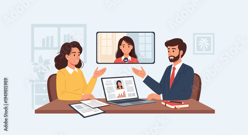 Flat vector illustration of a professional business meeting where a man in a suit and a woman in a sweater sit at a desk conducting a video conference call with a remote colleague.