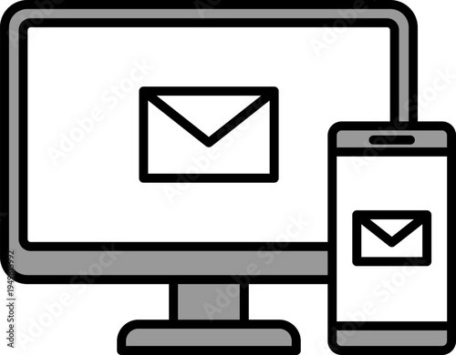 パソコンとスマートフォンにメールアイコンが表示されたイラスト｜連絡・通知・メールの概念　Illustration of Computer and Smartphone with Mail Icon – Email and Communication Concept
