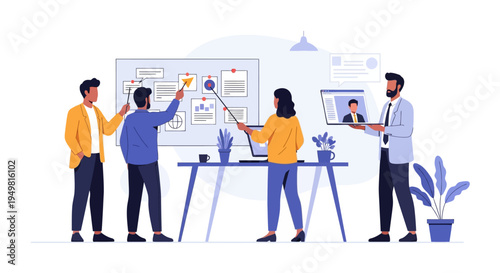 Flat vector illustration of a multicultural business team collaborating in a modern office using a whiteboard for project planning and a laptop for a hybrid video conference call.
