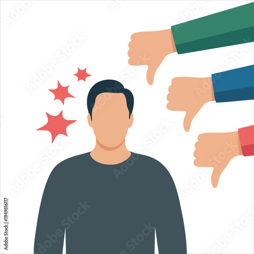 Vector business concept of man kneeling while others point at him for criticized and blamed themes flat vector illustration