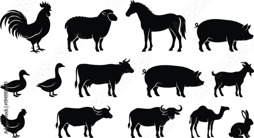 Farm animal silhouette set, livestock icons collection with cow pig horse sheep goat chicken duck and rabbit, agricultural nature symbols for graphic design