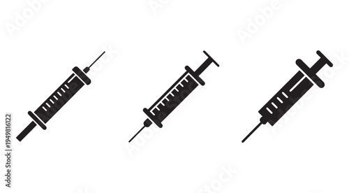 Three black syringe icons in different positions on white background for medical or healthcare concepts  simple medical tool illustrations