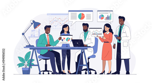 Flat vector illustration of a multicultural team of scientists and business professionals collaborating on data analysis with charts, graphs, and tablets in a modern office.