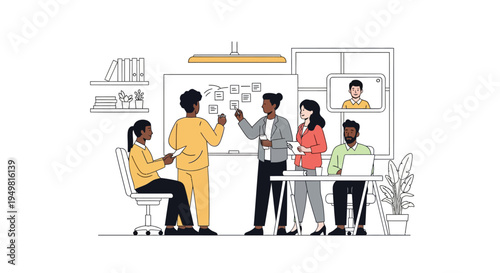 Diverse team of business professionals brainstorming on a whiteboard with sticky notes in a modern office while a remote colleague joins via video conference on a wall screen.