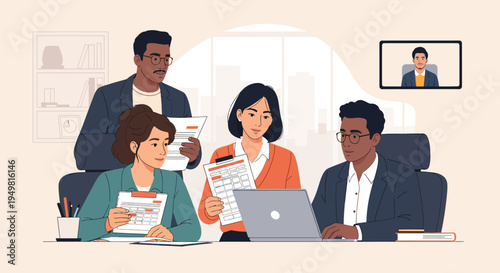 Multicultural corporate team reviewing financial spreadsheets and laptop data during a hybrid business meeting in a modern office with a remote colleague visible on a screen.