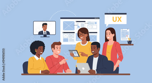 Diverse team of professional designers collaborating on UX UI mobile app interface projects in a hybrid office setting with a remote participant on a computer screen.