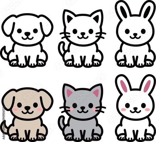 かわいい犬・猫・うさぎのイラストアイコンセット｜シンプル線画＆カラー動物キャラクター Cute Dog Cat and Rabbit Icon Set Simple Line and Color Animal Characters
