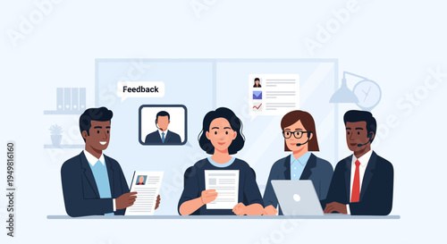 Flat vector illustration of a multicultural customer support team using headsets and laptops for a feedback session and remote video communication in a professional corporate office.