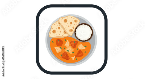 Delicious Indian curry with soft flatbread and cooling yogurt sauce icon for restaurant menus or food delivery apps