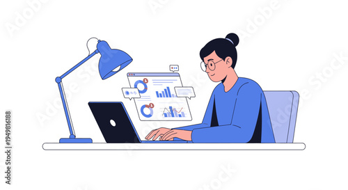 Flat vector illustration of a female professional using a laptop at a desk with a lamp, analyzing a digital dashboard containing pie charts, bar graphs, and demographic data.
