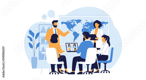 Vector illustration of a professional hybrid team in a modern office, featuring a group collaborating around a laptop with video call participants and a large world map screen background.