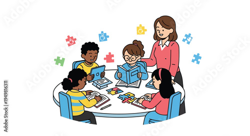 Vector illustration of diverse kids with teacher in classroom setting