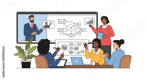 Illustration of a diverse hybrid office team analyzing flowcharts and charts during a meeting with a remote male colleague displayed on a large digital monitor screen.