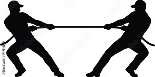 Black silhouettes of two men playing tug of war pulling rope in competition isolated on white background for business conflict and teamwork design