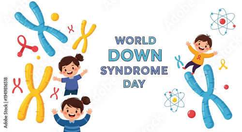 Illustration of children celebrating World Down Syndrome Day with colorful chromosomes and awareness symbols.