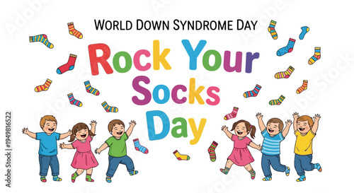 Illustration of happy children jumping for World Down Syndrome Day, Rock Your Socks Day, with colorful socks and text in a lively, celebratory design.