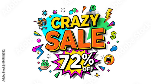 Crazy Sale Banner with 72% Off and Pop Art Elements
