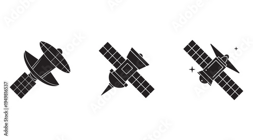 Three different space satellites in orbit around the Earth  solar panels and antennae  space technology  communication and navigation systems