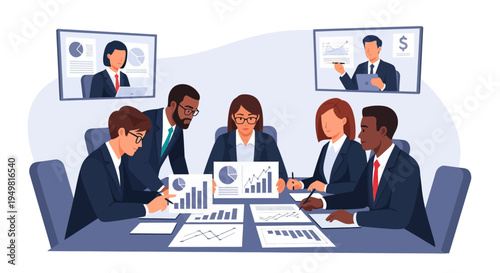 Diverse corporate team in a hybrid meeting reviewing financial charts and data reports at a conference table while remote colleagues participate via video conference screens.