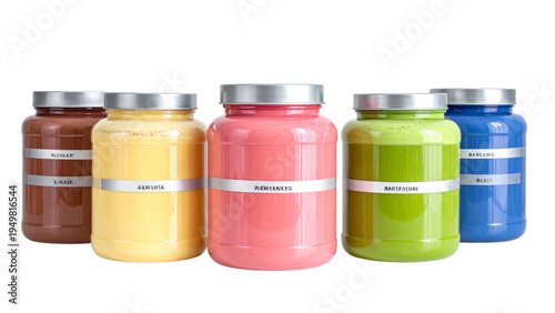 Collection of protein powder or supplement jars in different flavors like chocolate vanilla strawberry matcha coconut and blueberry for fitness nutrition
