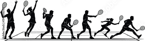 Collection of black silhouettes featuring male and female tennis players in action poses on court isolated on white background for sports design set