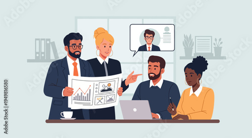 Diverse creative team in business attire reviewing a printed document with analytics charts and layout designs while a remote male colleague joins via a video call bubble.