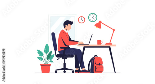 Flat vector illustration of a man working on a laptop at a desk with an office chair, desk lamp, potted plant, backpack, and two wall clocks representing flexible work hours.