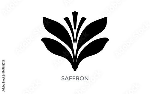 A stylized black silhouette of a saffron flower with its petals and stamens clearly defined against a white background.