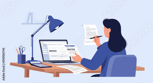 Female freelancer sitting at a desk working on a laptop and reviewing paper invoices. Workspace includes a calculator, lamp, and stationery for business accounting and billing.