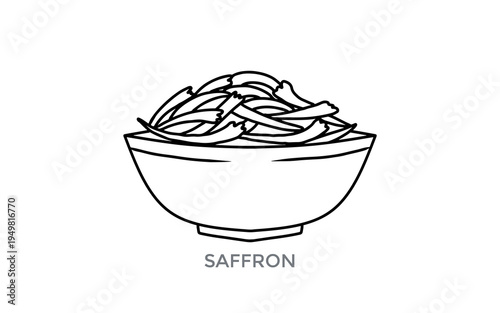 Black and white line drawing of a bowl filled with saffron threads, a valuable and aromatic spice.