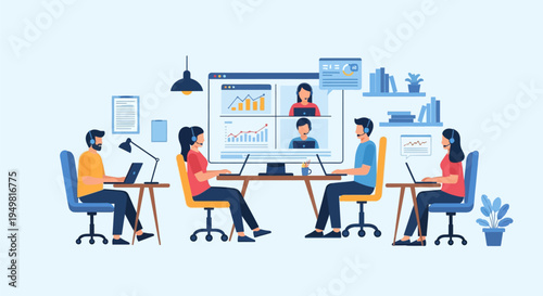 Flat vector illustration showing a remote team collaborating via video conference on a large screen displaying data charts. Men and women work at desks with laptops wearing headsets.