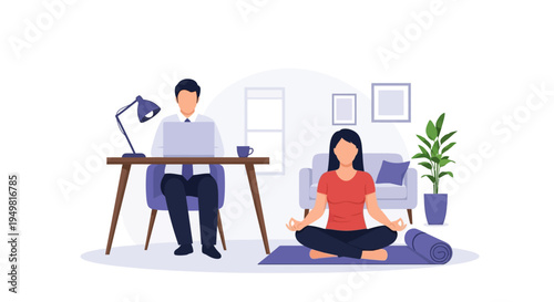 Flat vector illustration of a man working on a laptop at a desk and a woman practicing yoga in lotus pose in a modern room, depicting work-life balance and remote lifestyle.