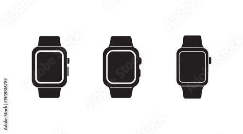 Three smartwatches in different angles isolated on white background for design and technology concepts