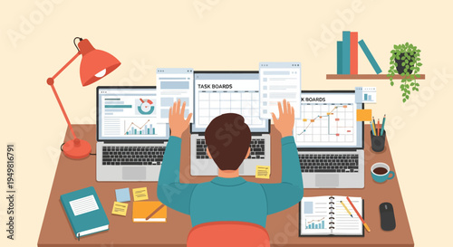 Flat vector illustration of a freelancer sitting at a wooden desk with three laptops displaying data charts and task boards, multitasking with office supplies and a desk lamp.