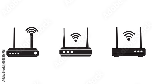 Three wifi router icons with antennas and signal symbols  isolated on white background for network and internet concepts