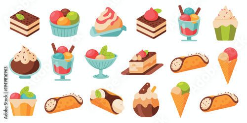 Italian desserts and ice cream collection in flat isometric style vector illustration for menu design and branding projects